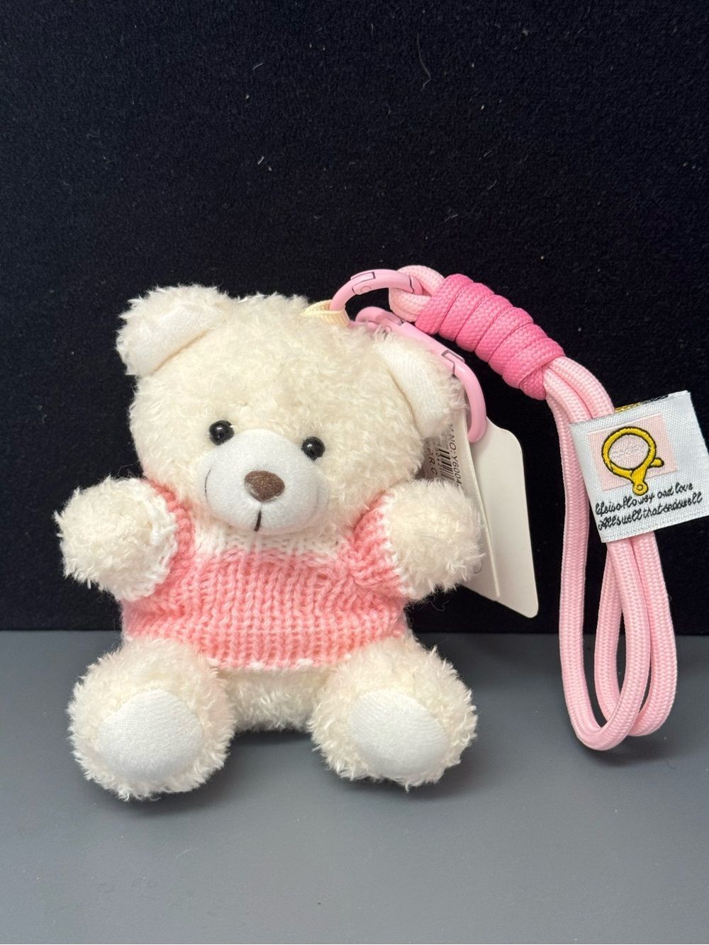 Yolanda White Plush Teddy Bear Bag Charm Keychain Pink Knit Sweater NWT